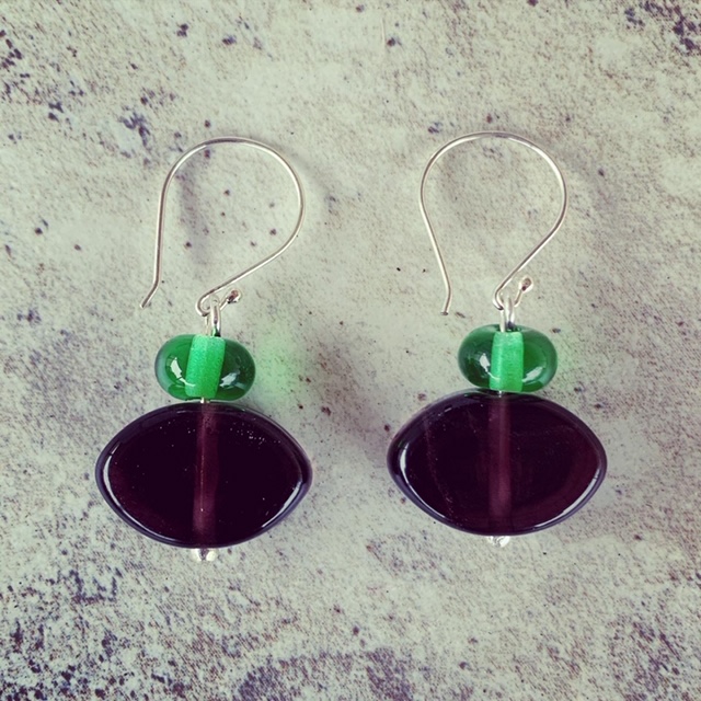 Green and Purple recycled glass earrings made from gin bottles
