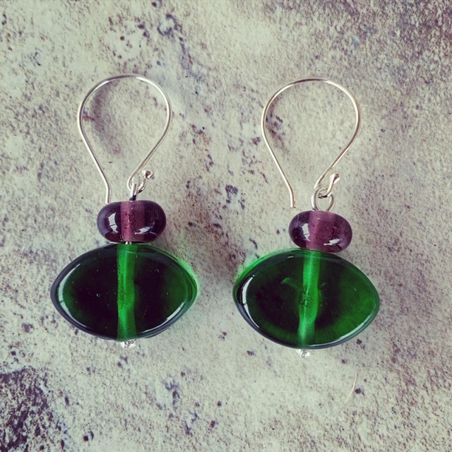 Green and Purple recycled glass earrings made from gin bottles