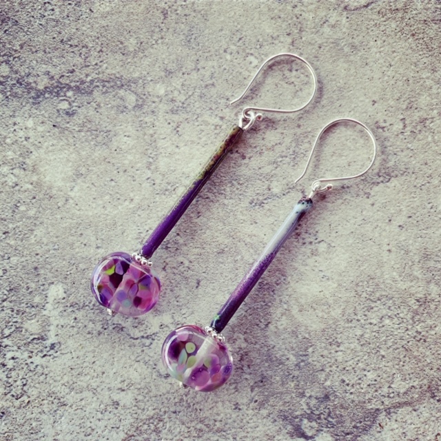 Long purple enamel copper tube earrings