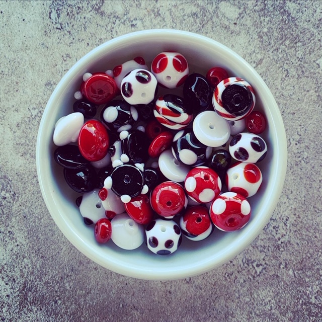 red black and white glass beads
