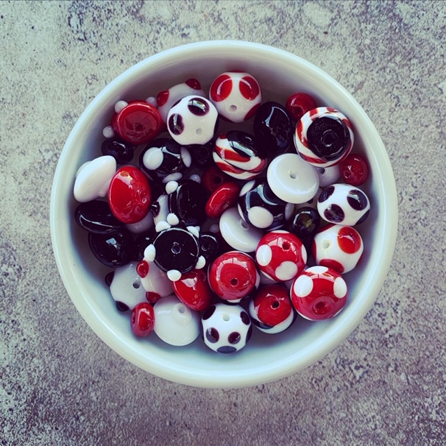 red black and white glass beads 