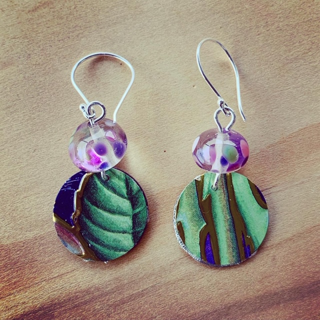 Recycled glass and tin earrings