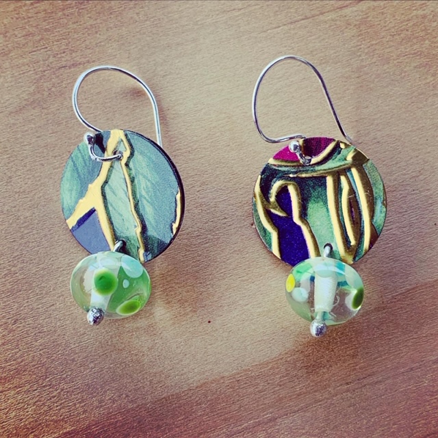 Recycled glass and tin earrings
