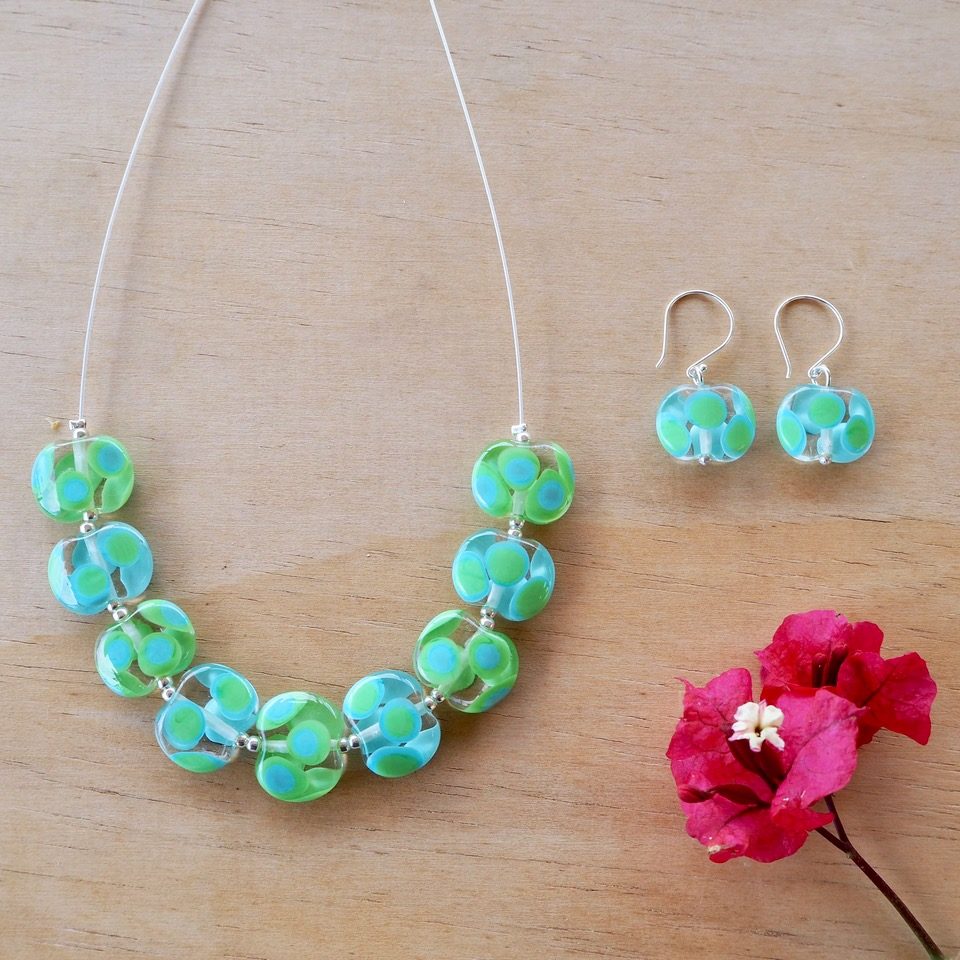 blue green dotty glass necklace