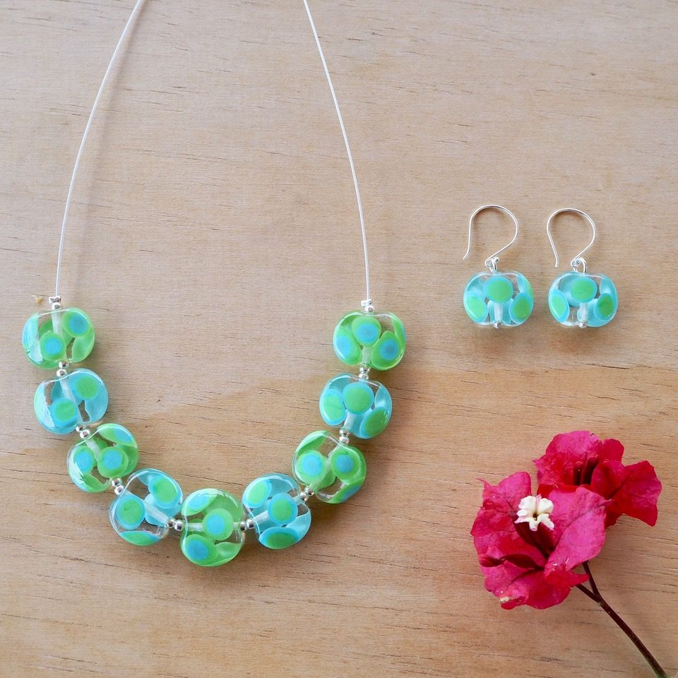 blue green dotty glass necklace