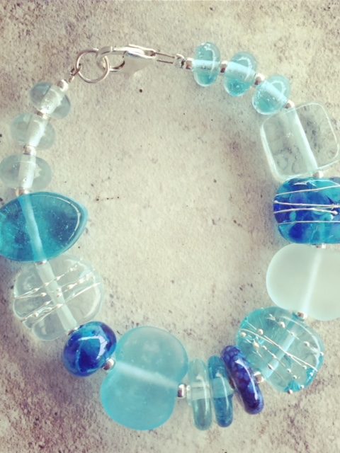 Recycled glass bracelet | featuring beads made from wine and gin bottles.