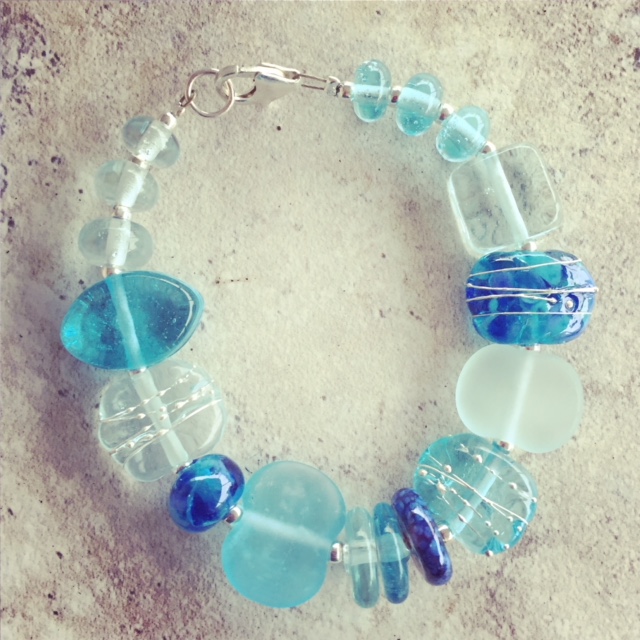 Recycled glass bracelet | featuring beads made from wine and gin bottles.