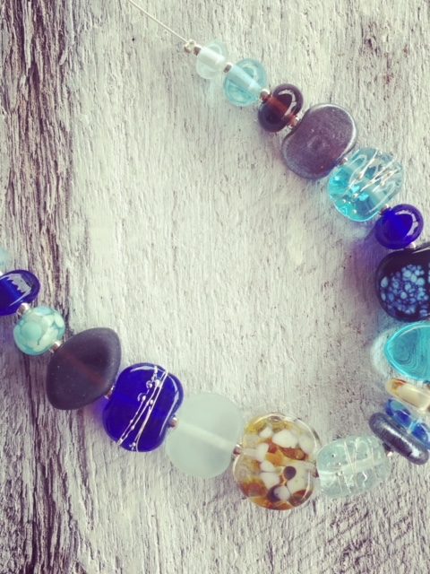 Recycled glass necklace | blue and brown beads made from various recycled glass objects