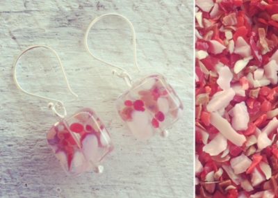 Recycled glass earrings | beads made from a wine bottle, decorated with red/pink frit