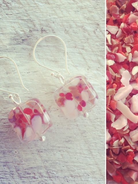 Recycled glass earrings | beads made from a wine bottle, decorated with red/pink frit