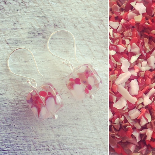 Recycled glass earrings | beads made from a wine bottle, decorated with red/pink frit