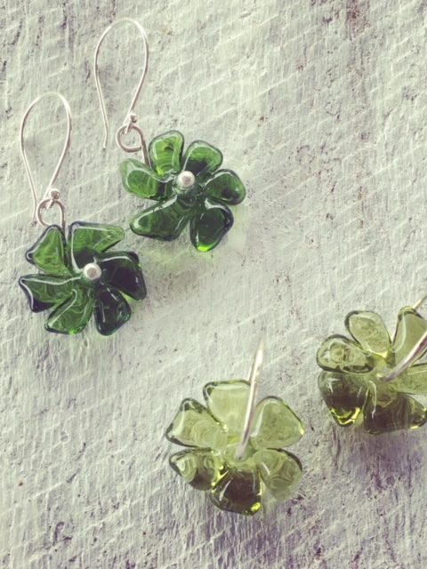 Recycled glass bead earrings | glass flowers made from a wine bottle