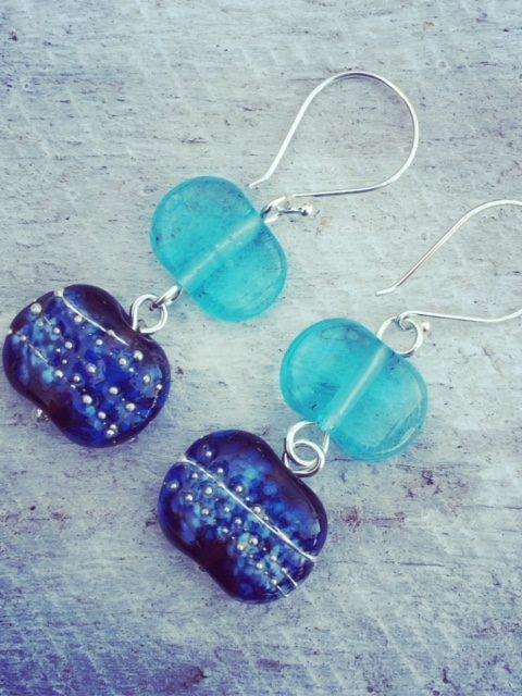 Recycled glass earrings | beads made from Hendricks and Bombay Sapphire Gin bottles