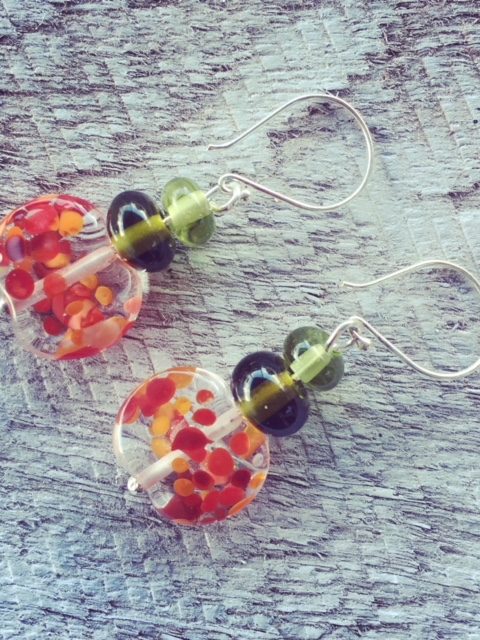 Handmade recycled glass bead earrings | red beads made from a tonic water bottle, green beads from wine bottles.