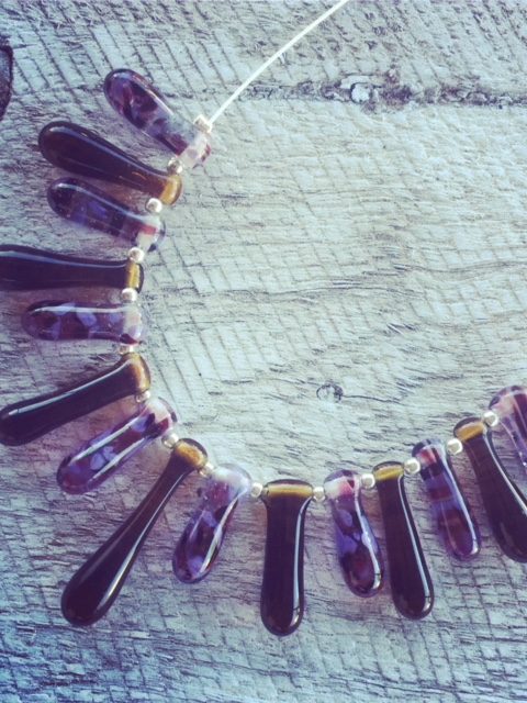 Recycled glass necklace | purple beads made from a wine bottle mixed with beer bottle beads