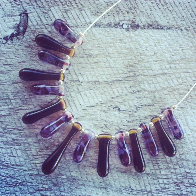Recycled glass necklace | purple beads made from a wine bottle mixed with beer bottle beads