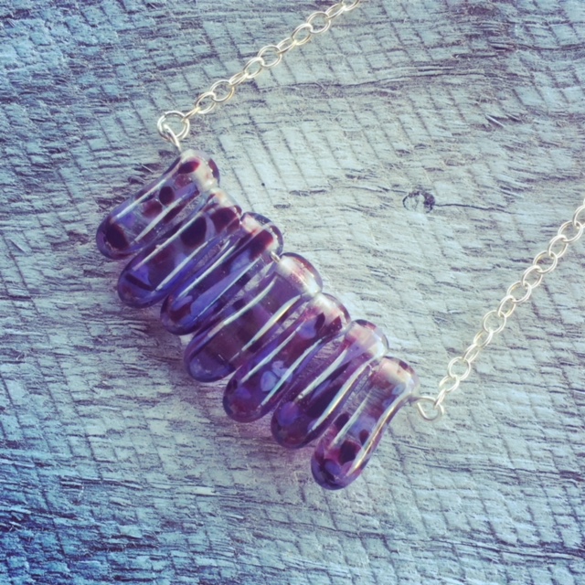 Recycled glass necklace | purple beads made from a wine bottle