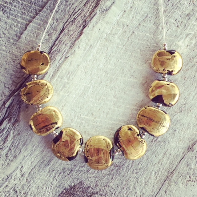 Recycled glass necklace | beads made from a beer bottle with gold leaf