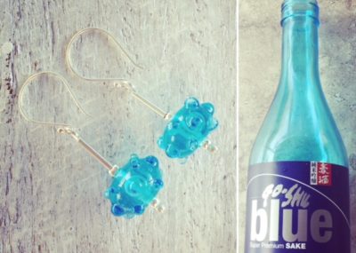 Recycled glass earrings | handmade glass beads made from a sake bottle
