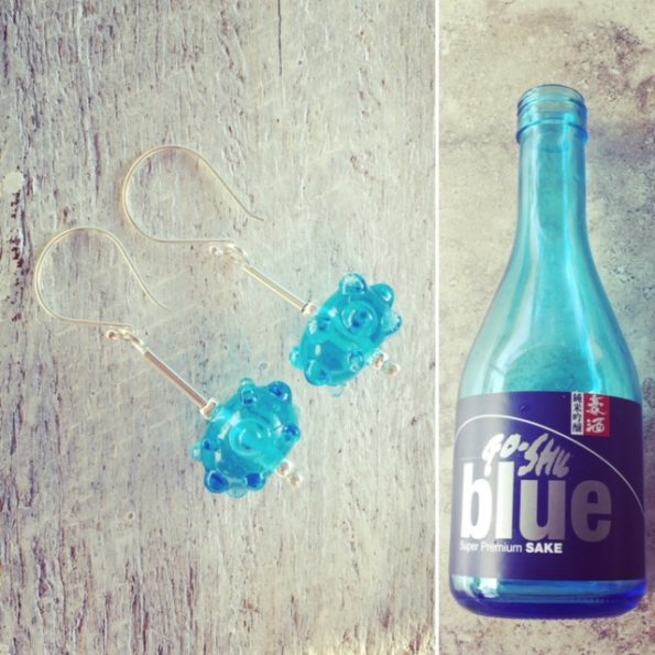Recycled glass earrings | handmade glass beads made from a sake bottle