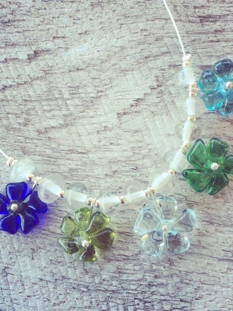 Recycled glass necklace | featuring pretty flower beads from vodka, wine and gin bottles