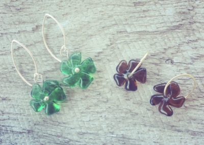 Recycled glass earrings | beads made from Tanqueray and Hendricks Gin bottles