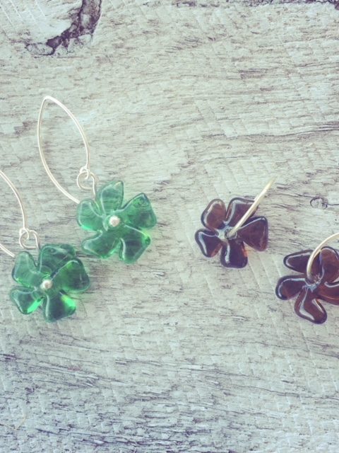 Recycled glass earrings | beads made from Tanqueray and Hendricks Gin bottles