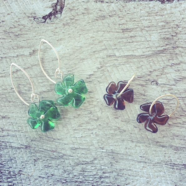 Recycled glass earrings | beads made from Tanqueray and Hendricks Gin bottles