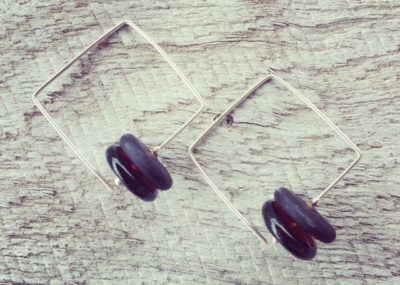 Recycled glass earrings | square hoop earrings featuring beads made from a Coopers Ale bottle