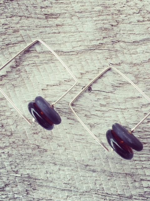 Recycled glass earrings | square hoop earrings featuring beads made from a Coopers Ale bottle