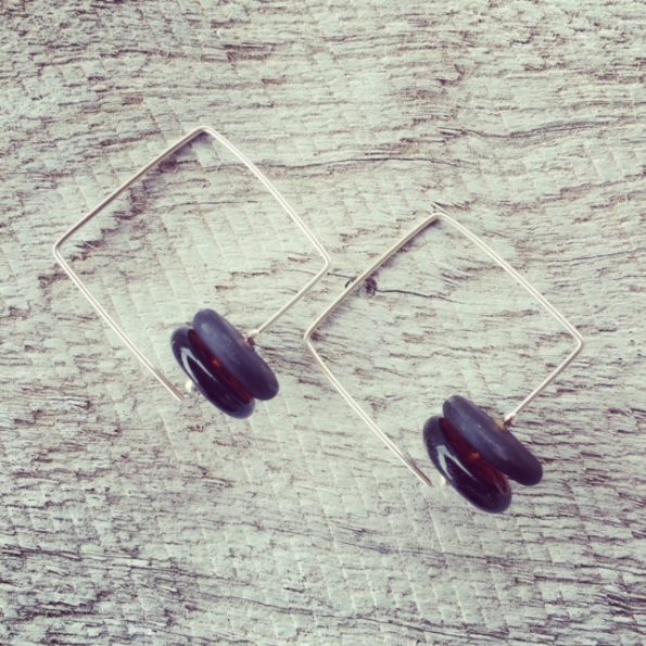 Recycled glass earrings | square hoop earrings featuring beads made from a Coopers Ale bottle