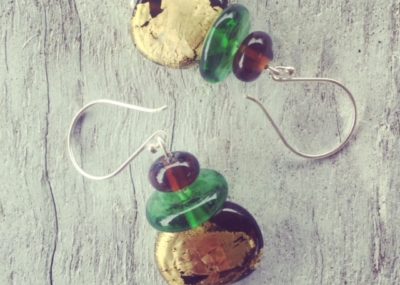 Recycled glass earrings | gold leaf beer bottle beads