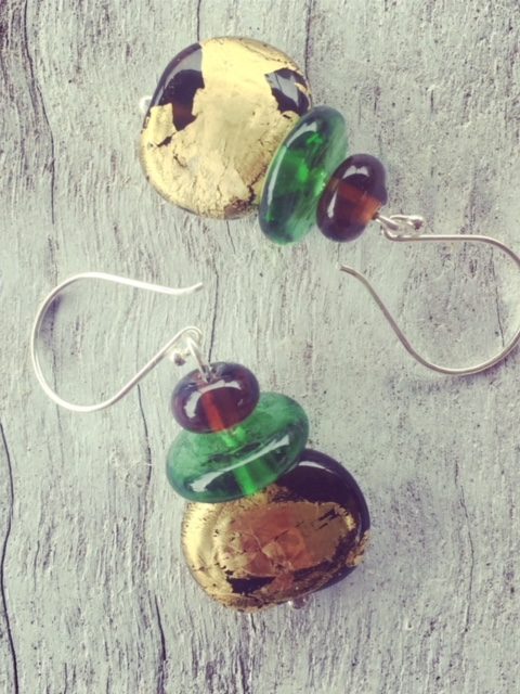 Recycled glass earrings | gold leaf beer bottle beads