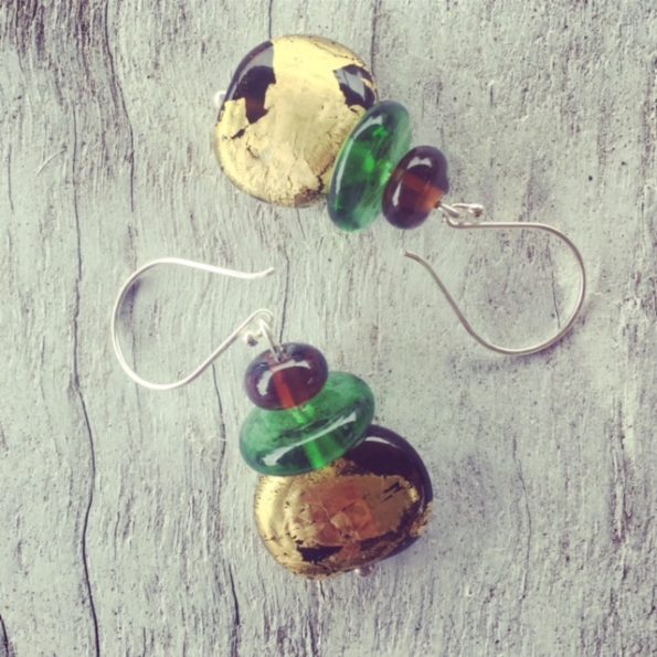 Recycled glass earrings | gold leaf beer bottle beads