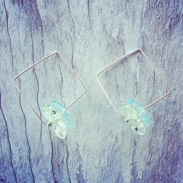 Recycled glass earrings | beads made from Green Depression Glass and a Banrock Station wine bottle