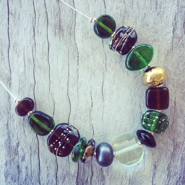 Recycled glass necklace | beads made from Green Depression Glass, gin and beer bottles