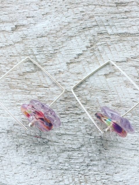 Recycled glass earrings | square hoops with recycled glass beads