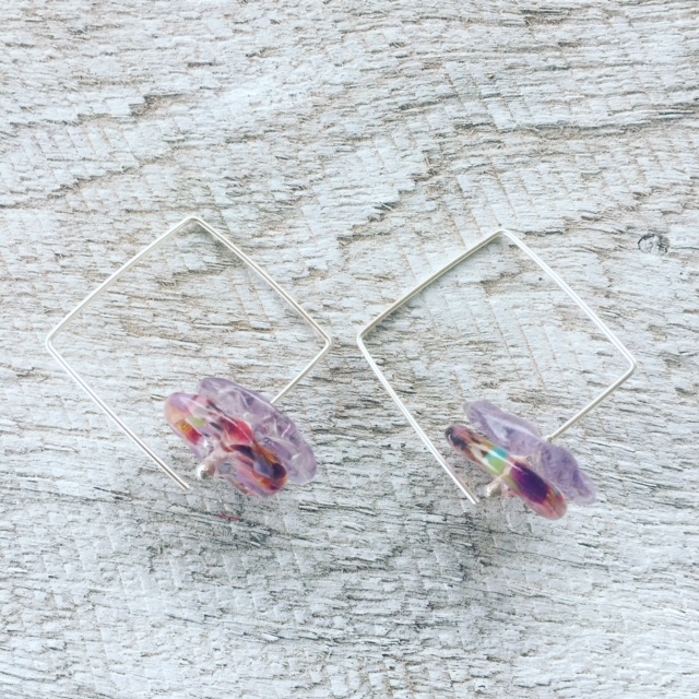Recycled glass earrings | square hoops with recycled glass beads