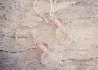 Recycled glass earrings | beads made from a tonic water bottle and a pink Harlequin glass