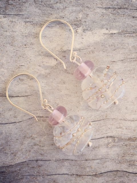 Recycled glass earrings | beads made from a tonic water bottle and a pink Harlequin glass