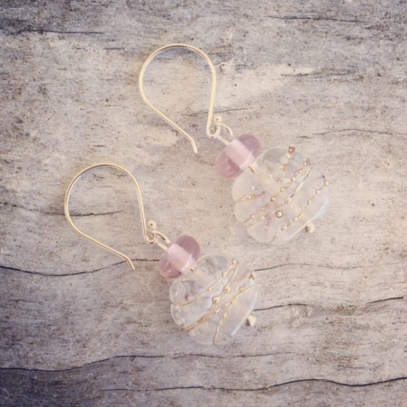 Recycled glass earrings | beads made from a tonic water bottle and a pink Harlequin glass