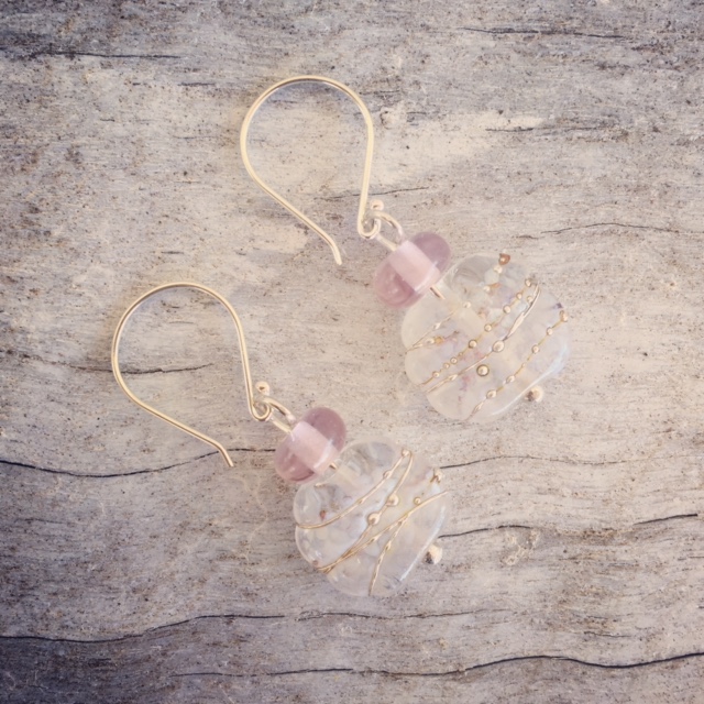 Recycled glass earrings | beads made from a tonic water bottle and a pink Harlequin glass