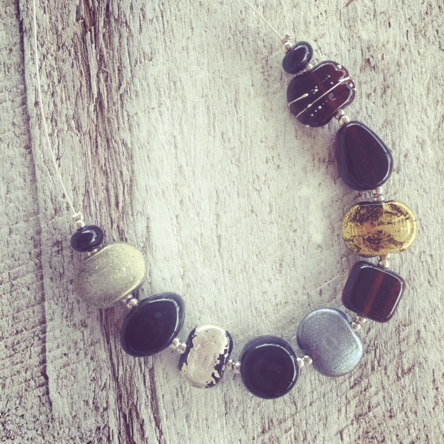 Recycled glass jewellery | silver and gold beads made from gin and beer bottles