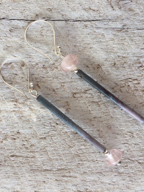 Recycled glass earrings | pink recycled glass beads with enamel copper tubes
