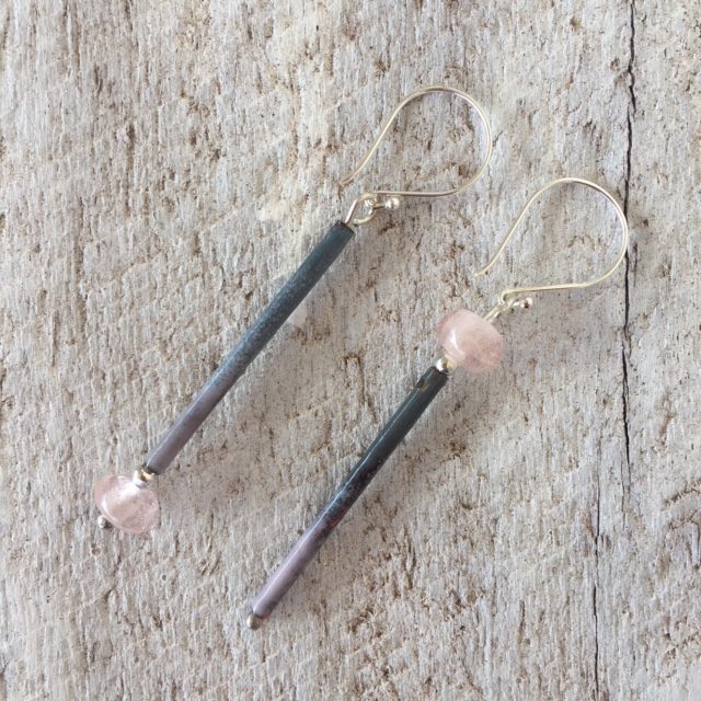 Recycled glass earrings | pink recycled glass beads with enamel copper tubes