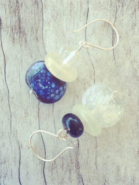 Recycled glass earrings | this mix-match pair of earrings features beads made from a Hendricks Gin and Fever-Tree tonic water bottle