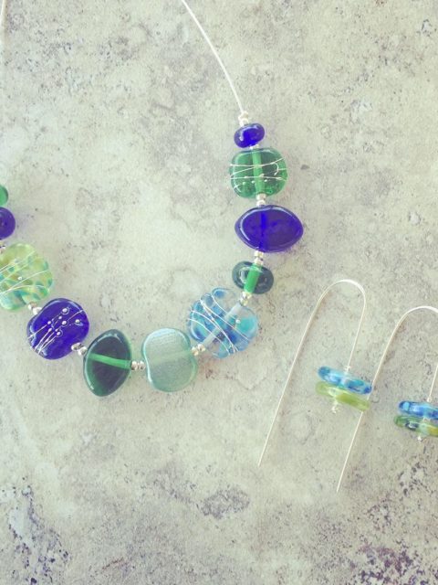 Recycled glass jewellery | blue and green glass beads made from gin, vodka and wine bottles.