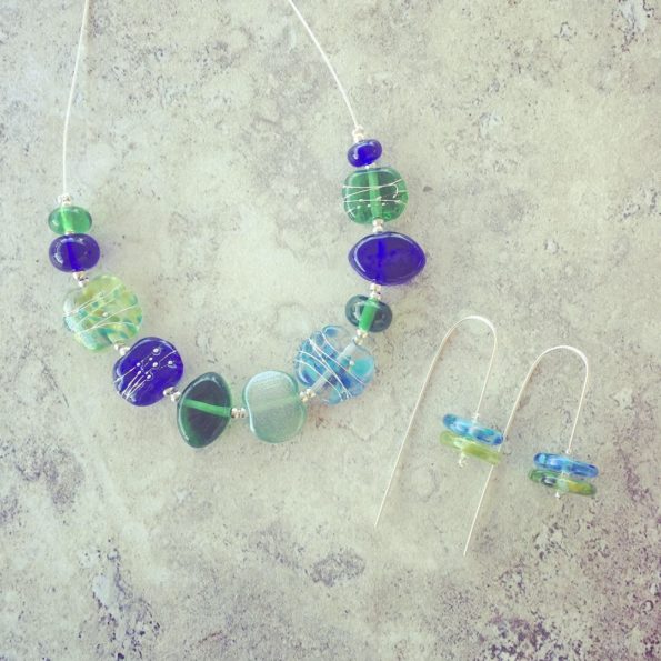 Recycled glass jewellery | blue and green glass beads made from gin, vodka and wine bottles.