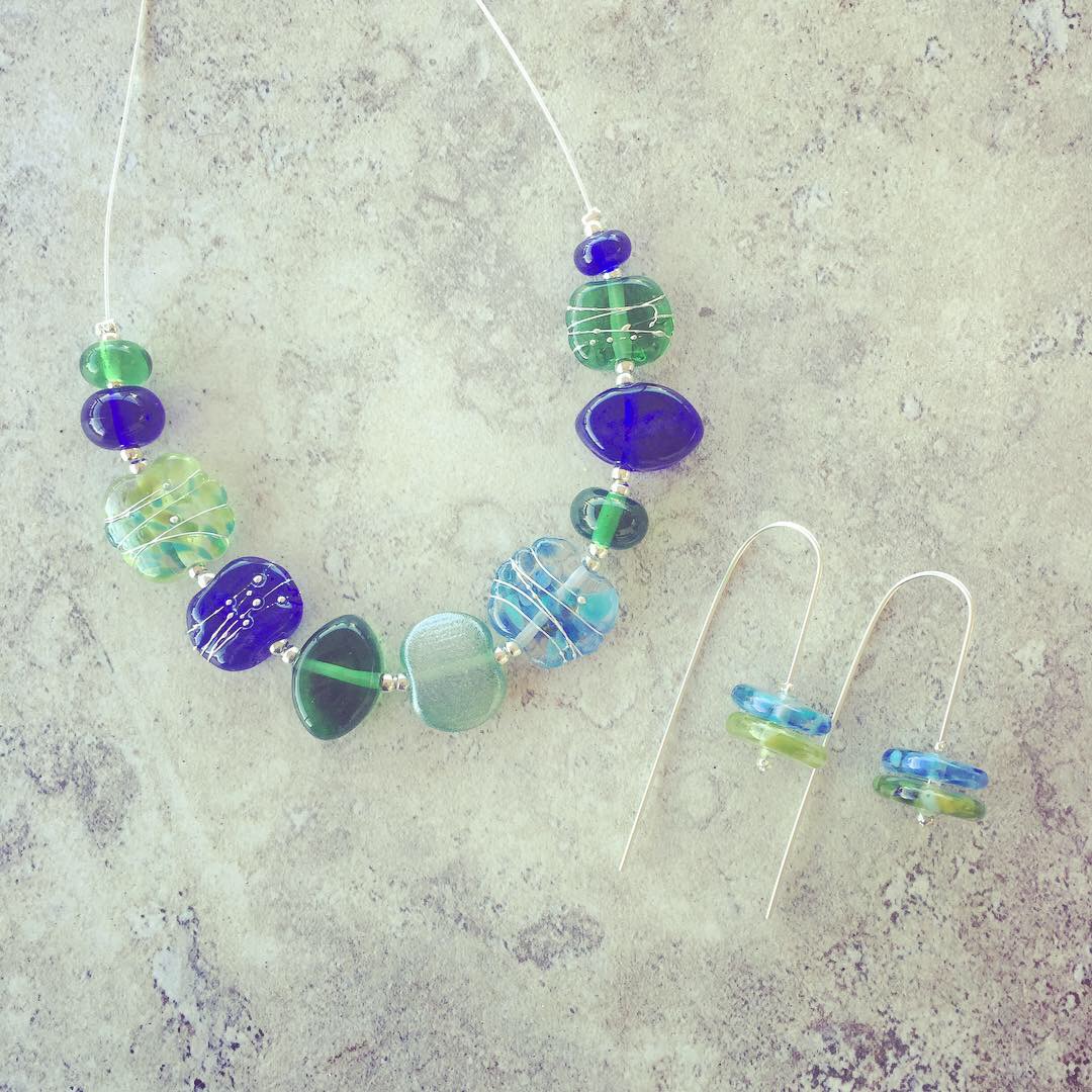 Recycled glass jewellery | blue and green glass beads made from gin, vodka and wine bottles.