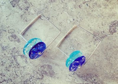Recycled glass earrings | blue square hoop earrings, beads made from gin and vodka bottles
